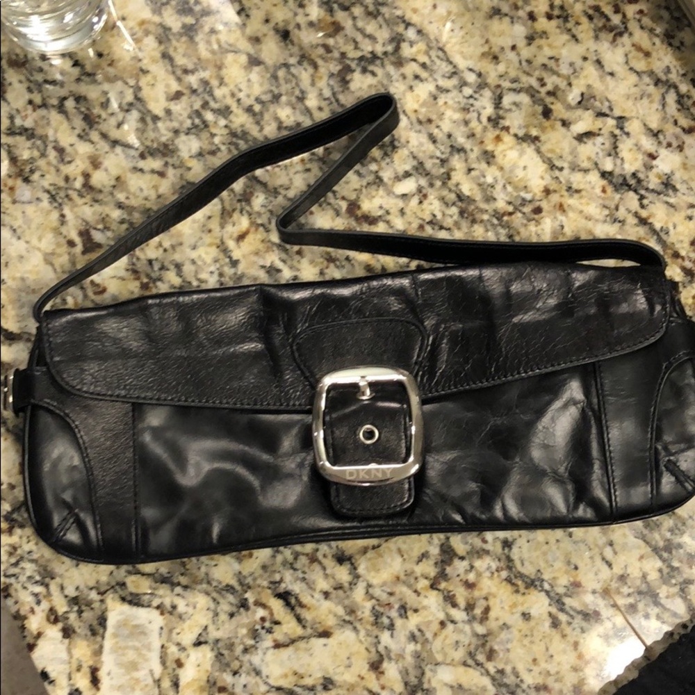 Black leather DKNY evening bag